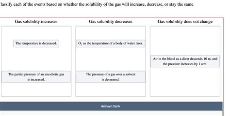 Classify each of the events based on whether the solubility of the gas ...