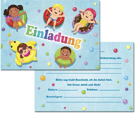 Kreatives Herz Pool Schwimmbad Spassbad Einladungskarten Zum Kinder Geburtstag 10er Set