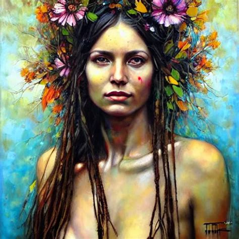 Portrait Of A Beautiful Hippie Woman Nature Elements Stable