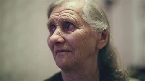 Close Up Sad Old Woman Portrait Grandmother Face With Deep Wrinkles
