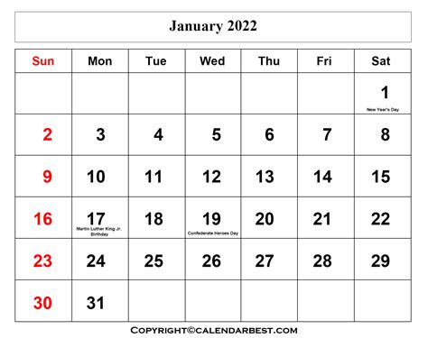 20 Printable January 2022 Calendar With Holidays Blank Free January