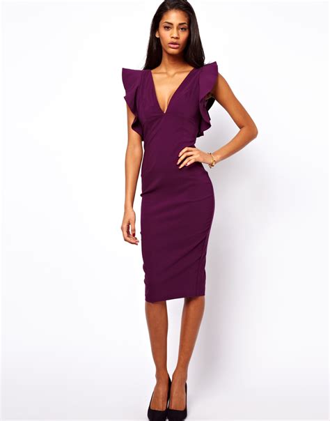 Lyst Asos Pencil Dress With Ruffles In Purple