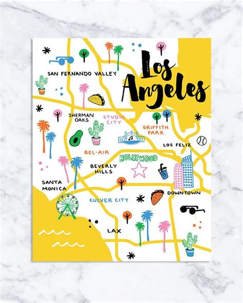 Los Angeles Map Print Poster Illustrated City Map Print Full Color