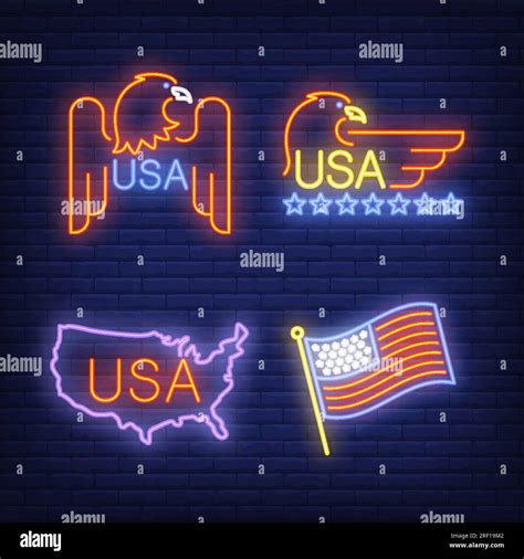 American Eagle Usa Flag And Map Neon Signs Set With Text Stock Vector