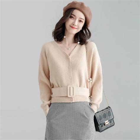 New Korean Style Womens Knitted Cardigans V Neck Belt Sweaters Solid