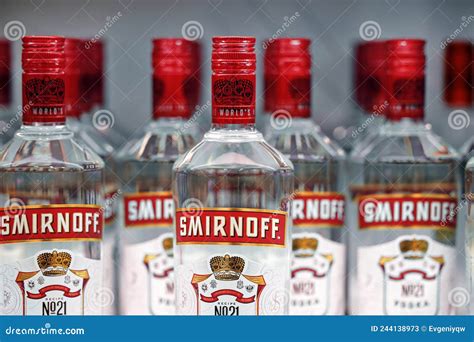 Russian Vodka Bottles Of Smirnoff Vodka On A Shelf In Duty Free Shop