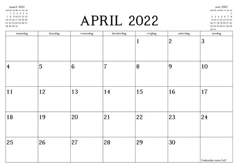 Afdrukbare Kalenders En Planners Voor De Maand April 2022 A4 A3 Naar