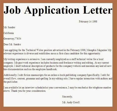 sample job application letter   vacant position employment
