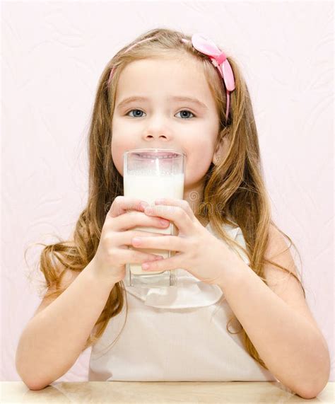 Beautiful Smiling Little Girl Drinking Milk Stock Photo Image Of
