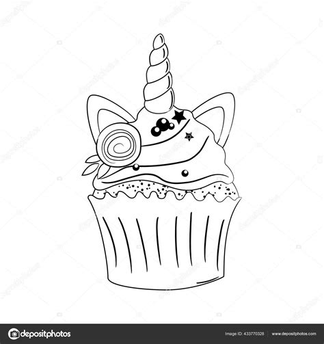 Cute Unicorn Cupcake In Black And White Color Vector Illustration
