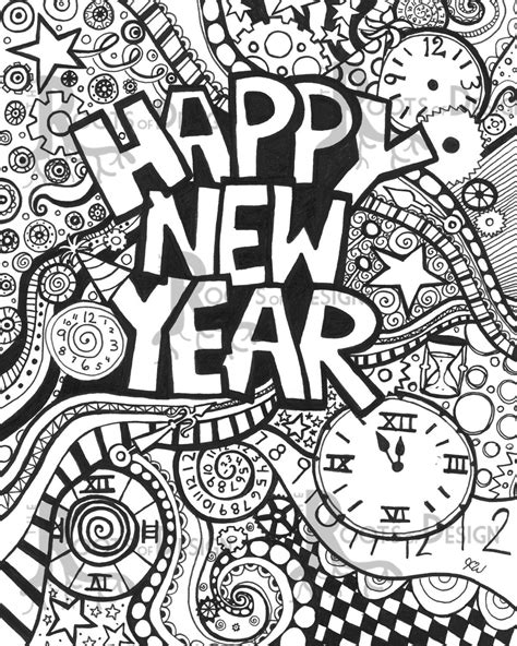 INSTANT DOWNLOAD Coloring Page - Happy New Year Art Print zentangle