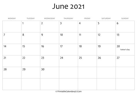 Editable June 2021 Calendar Calendar 2021