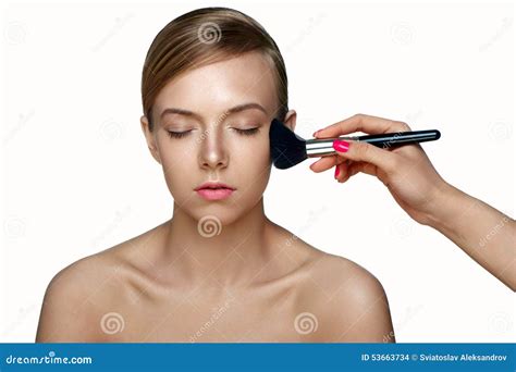 Woman Applying Powder Foundation With Brush Stock Photo Image Of
