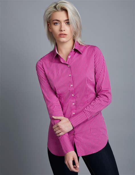 women s pink and white stripe fitted shirt with contrast detail single cuff hawes and curtis