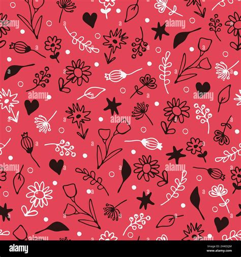 Seamless Vector Pattern With Small Hand Drawn Flowers On Pink