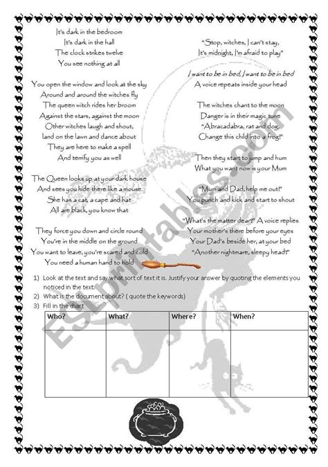 Top 100 famous and best poems of all time about life, love and friendship. Witches and witchcraft : a poem about witches - ESL worksheet by agnesk75