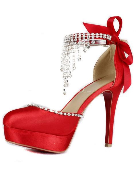 Red Round Toe Ankle Strap Satin Middle Heels For Woman High Heels For