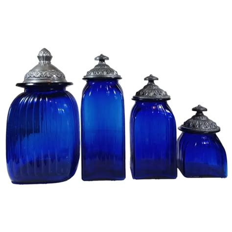 Artland Cobalt Blue Glass Apothecary Canister Jars Silver Lids Set 4 Piece Vinta 175 00 Picclick
