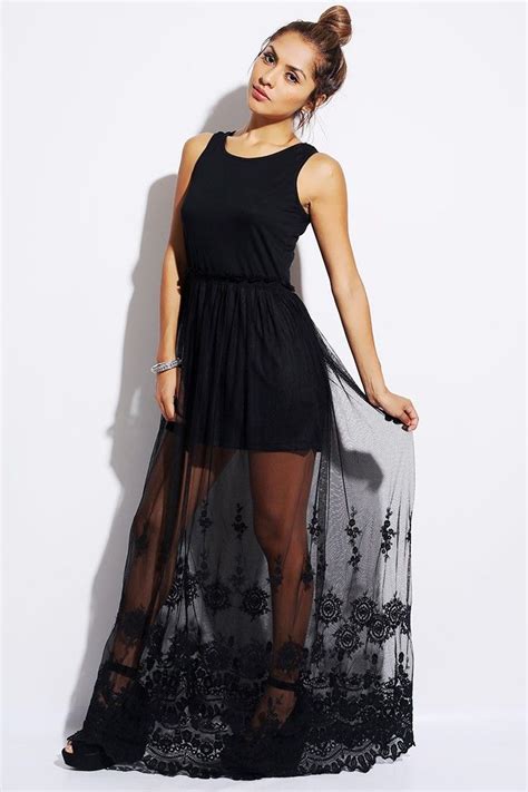 Store Com Fashion Style Black Embroidered Sheer Mesh Evening