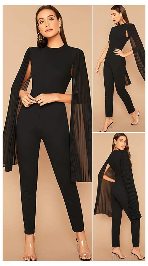 Solid Pleated Cape Jumpsuit Black Elegant Women 2020 Autumn Glamorous High Waist Cloak Sleeve