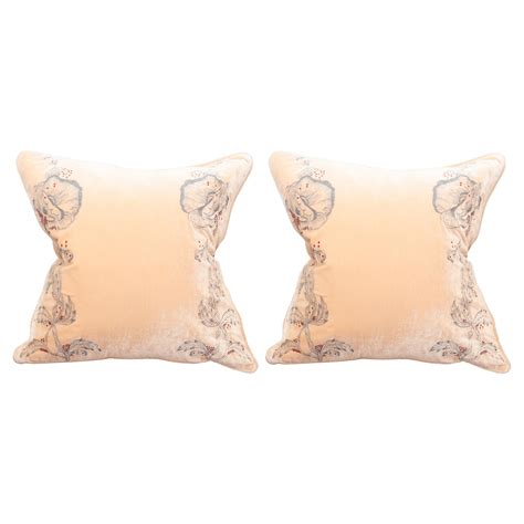 Contemporary Pair Of Nude Silk Velvet Pillow With Floral Embroidery For