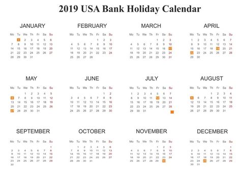 2019 Usa Bank Holidays Calendar 2019calendar 2019holidayscalendar