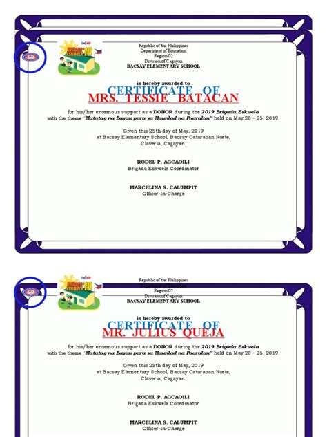 2019 Brigada Eskwela Sample Certificate For Donor Pdf Southeast