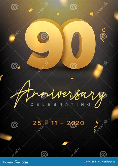 90 Years Anniversary Celebration Event Golden Vector Birthday Or
