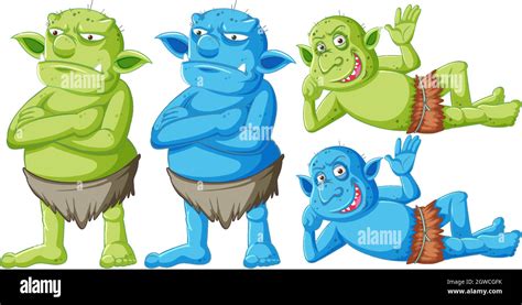 Set Of Green And Blue Goblin Or Troll Standing And Lying With Different