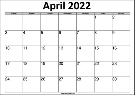 April 2022 Printable Calendar