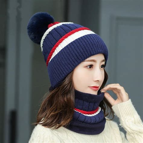 2pcs Scarf Hat Set Fashion Women Winter Warm Solid Pompoms Beanie Knitted Soft Caps Scarves