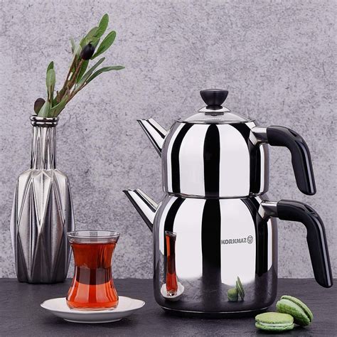 Double Turkish Teapot Stainless Steel Black Kappa Korkmaz