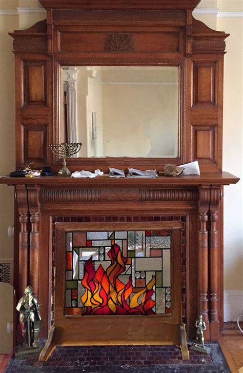 Stained Glassmission Fireplace Screen Geometric With Wooden Etsy Glass Fireplace Stained
