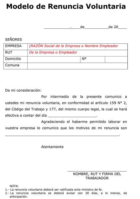 Carta De Renuncia En Chile Modelos Formatos Y Ejemplos