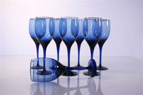 Set Of Eight 8 Blue Wine Glasses With Silver Rim Vintage Etsy Blue Wine Glasses Cobalt