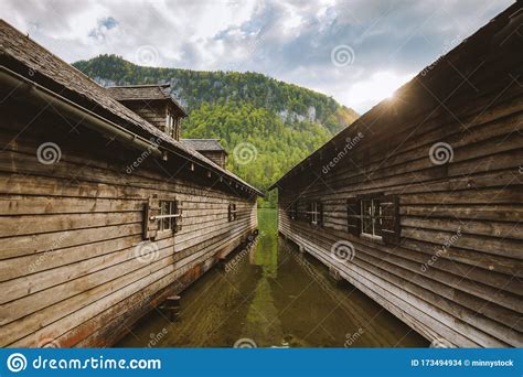Wooden Boathouses At Lake Königssee At Sunset Bavaria Germany Stock
