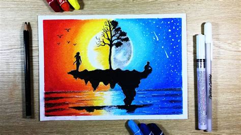 How to draw Sunset ft Moonlight Scenery with Oil Pastel ... Simple sunset landscape drawing and simple 78 lowest palm tree scenery drawing.