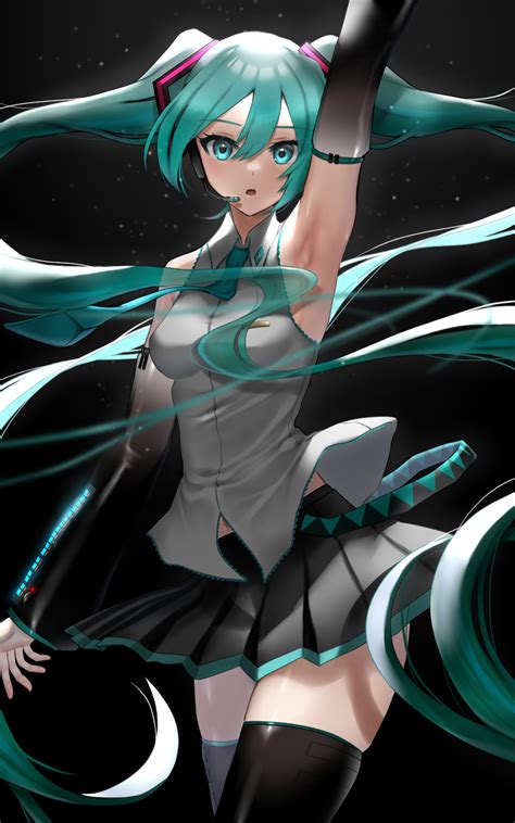 Safebooru 1girl O Aqua Eyes Aqua Hair Aqua Neckwear Arm Up Armpits Bangs Bare Shoulders Black