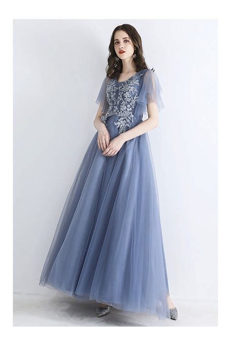 fairy dusty blue long tulle prom dress with puffy tulle sleeves embroidery 139 89 dws78037