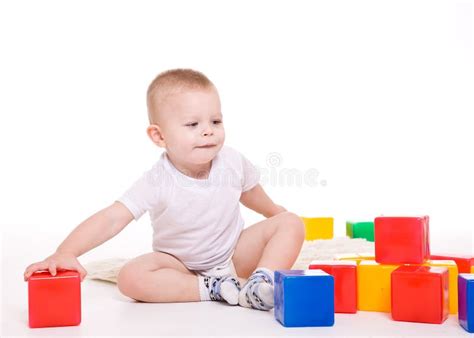 Little Boy Child Playing With Building Blocks Toys Interior Stock