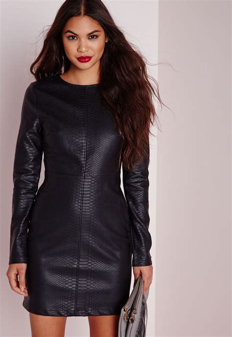 Missguided Croc Faux Leather Bodycon Dress Black Leather Bodycon