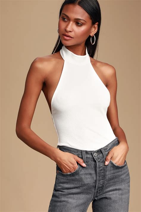 cute white top mock neck top halter top ribbed knit top lulus