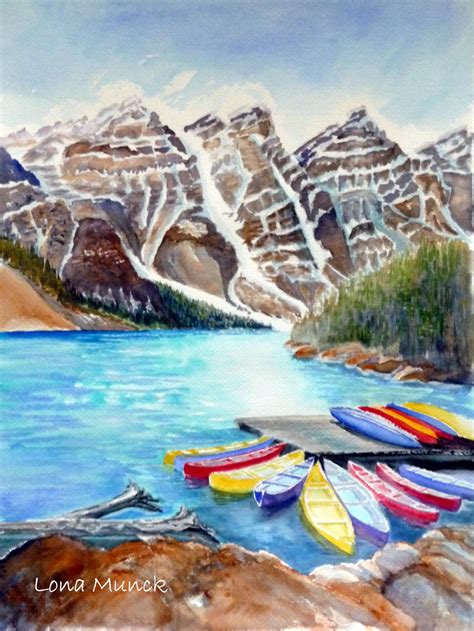 Lonas Watercolor Moraine Lake With Canoes Valley Of The Ten Peaks Ab