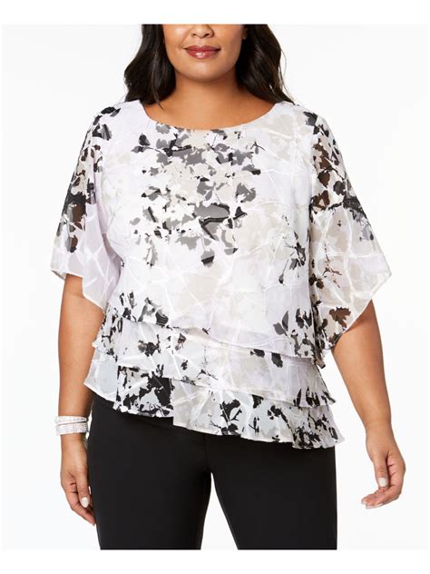 Alex Evenings Womens White Tiered Printed Jewel Neck Blouse Plus Size