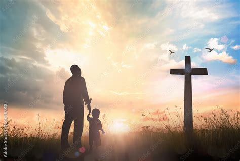 Resurrection Of Easter Sunday Concept Silhouette Father And Son