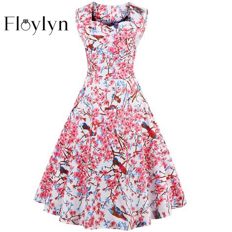 floylyn women summer dress audrey hepburn 50s vintage dresses round neck sleeveless floral