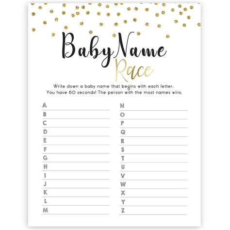 To your facebook tabs, or like / tweet about baby names and meanings page to share with your friends. Baby Name Race Game - Gold Glitter Printable Baby Shower ...