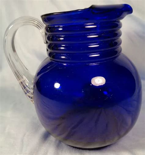 Vintage Antique Cobalt Blue Art Glass Pitcher Ribbed Applied Clear Handle 75 00 Picclick