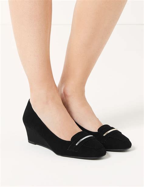 Marks And Spencer Wide Fit Suede Wedge Heel Court Shoes Black Lyst