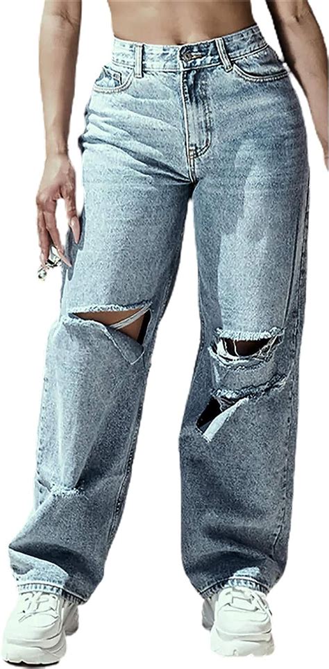 Meihuida Women Ripped Jean Y2k Baggy High Waist Straight Leg Jeans Denim Pants Blue Large
